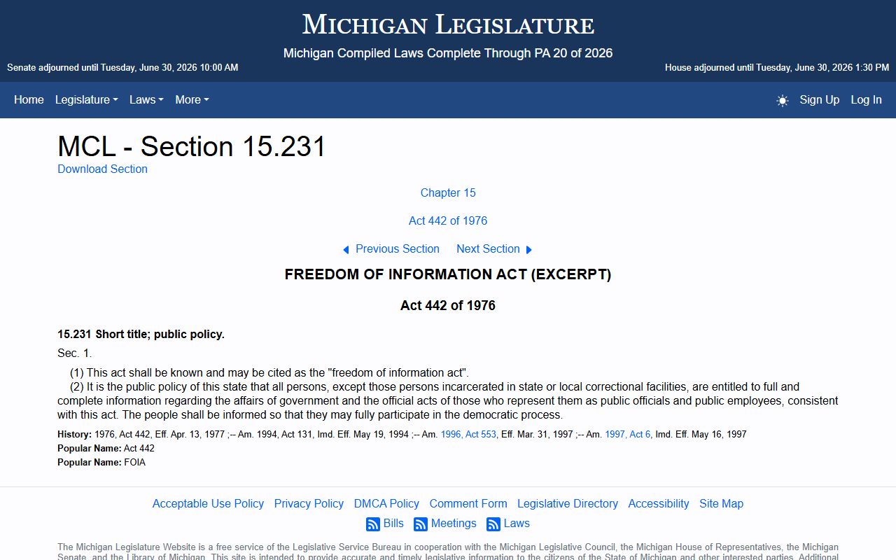 Ottawa County arrest records public access under the Michigan FOIA statute