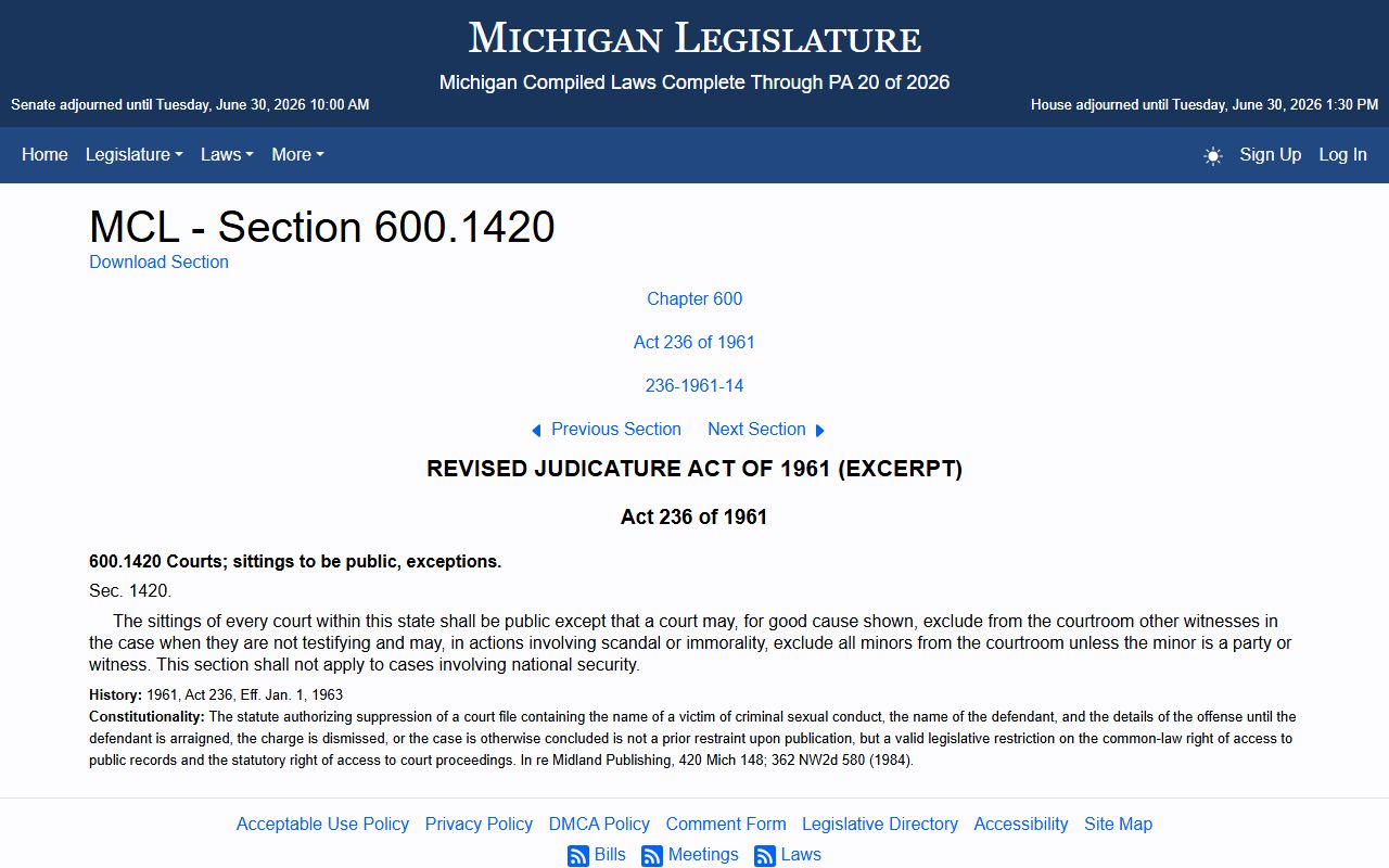 Michigan public court sittings statute behind Ottawa County court records access