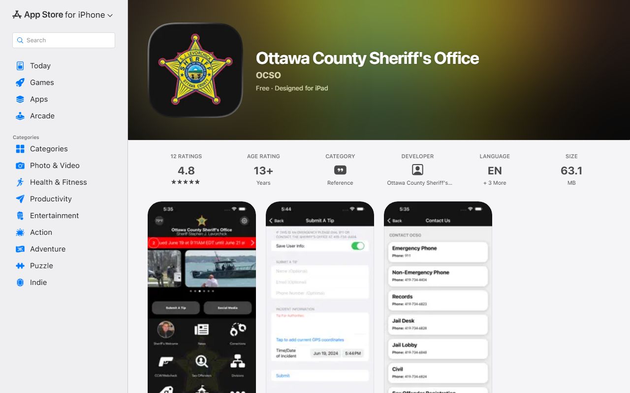Ottawa County Sheriff's Office iOS app for Ottawa County court records custody lookups
