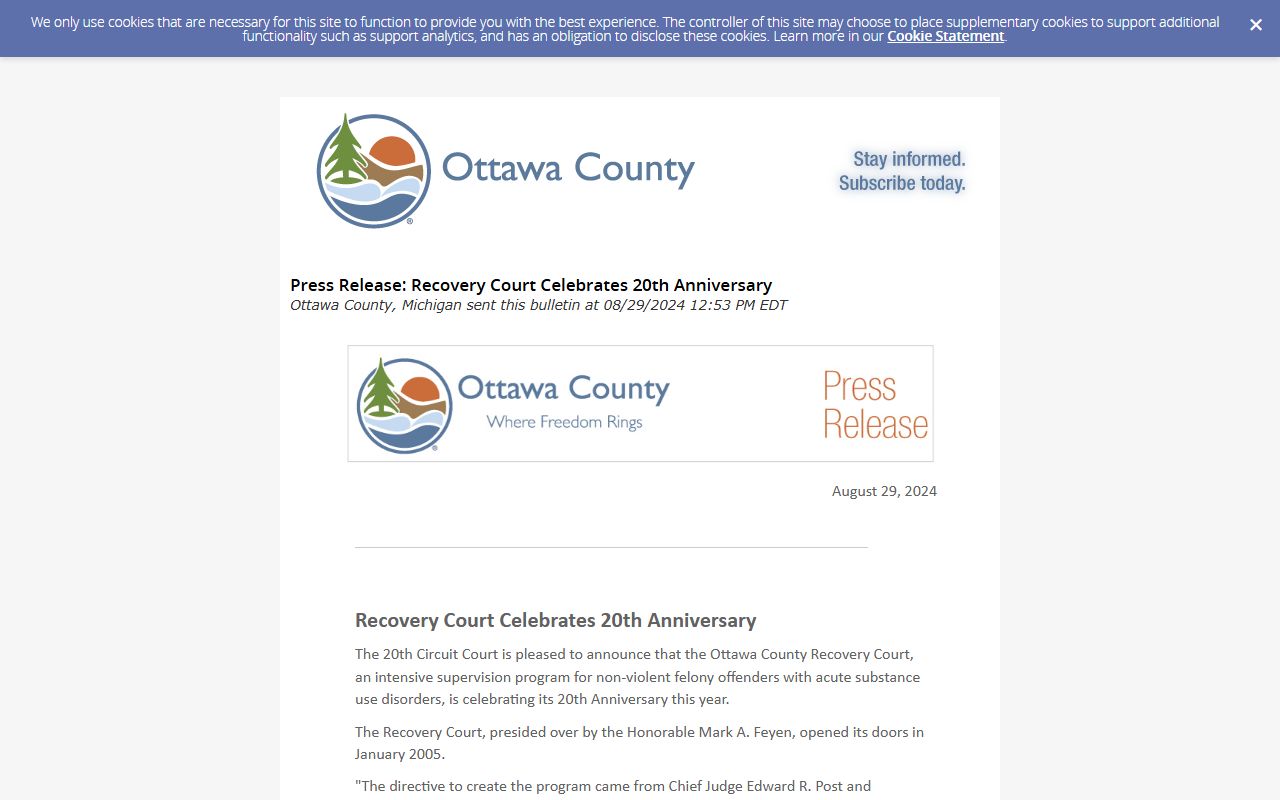 Ottawa County traffic court records Recovery Court twentieth anniversary